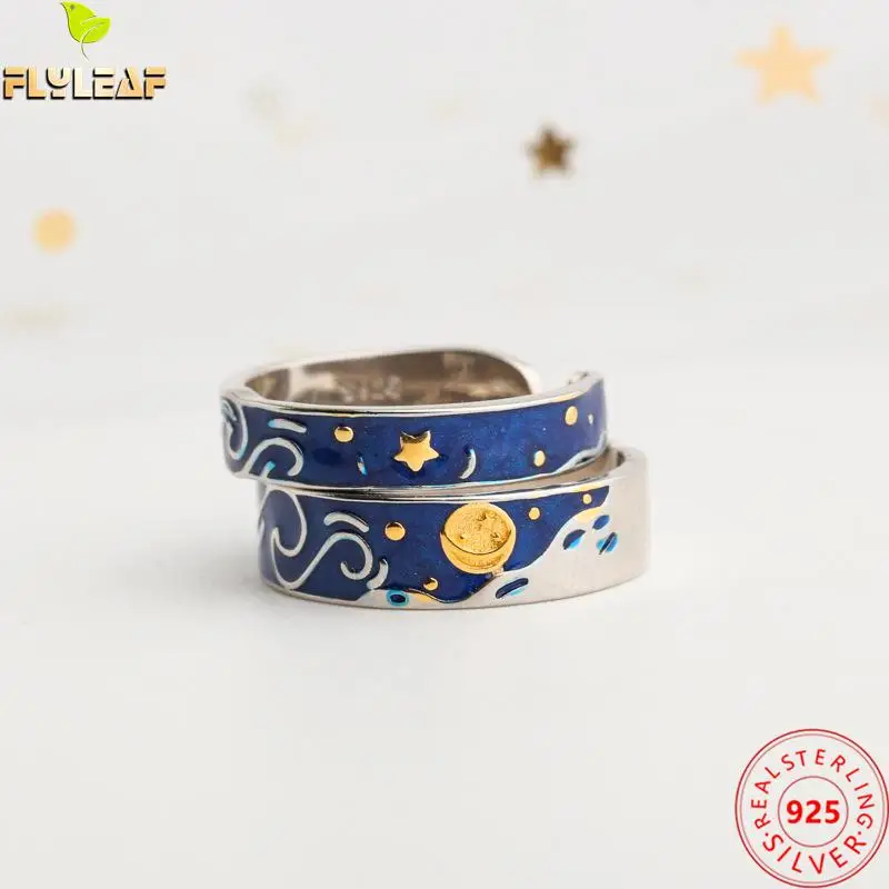 

Blue Enamel Van Gogh Starry Sky Couple Ring For Women Men 925 Sterling Silver Waves Open Ring Valentine's Day Gift Fine Jewelry