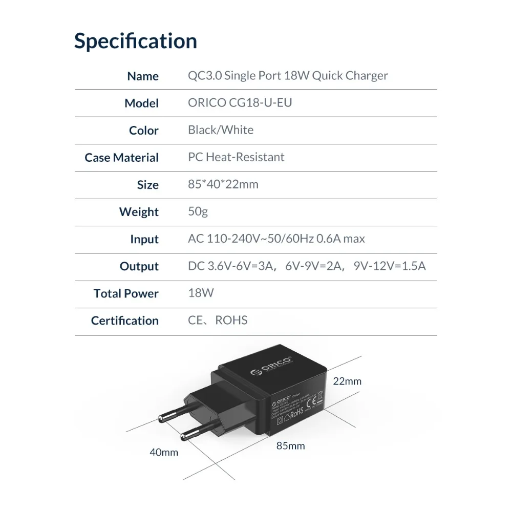 ORICO QC3.0 USB зарядное устройство для путешествий 18 Вт QC3.0 2,0 Быстрый Мобильный телефон ЕС вилка настенное зарядное устройство адаптер для Xiaomi iPhone samsung huawei