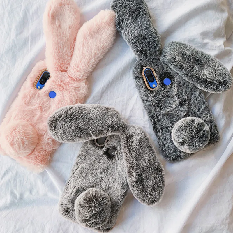 Fluffy Rabbit Silicone Bunny Plush cover For Xiaomi Mi 8 9 Se A2 lite Xiaomi Mi 9T Pro K20 Redmi 8 T 8A 7A 4A 5A Note 5 6 7 Case