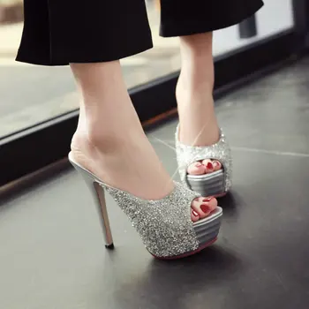 

ZawsThia sequined glitter thin high heel summer sandals woman slides prom shoes bling peep toe platform slippers women mules