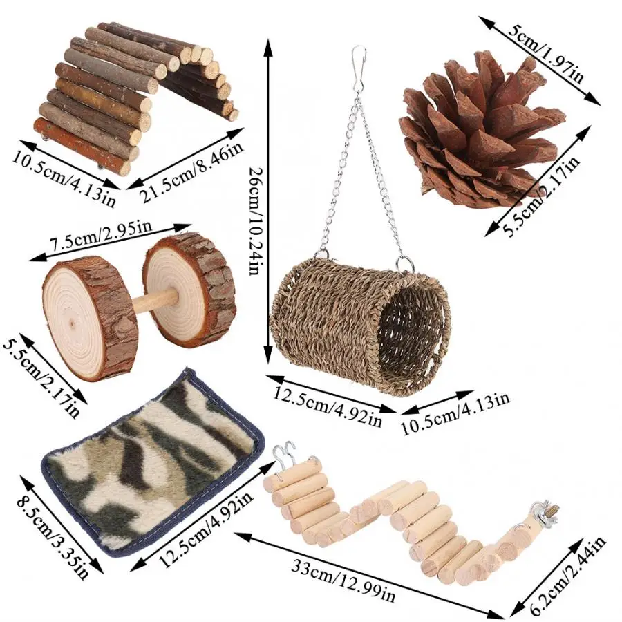 Small Pet Toy 6PCS Hamster Squirrel Toy Combination Wooden Tunnel Training Chew Toy Mattress Sleeping House