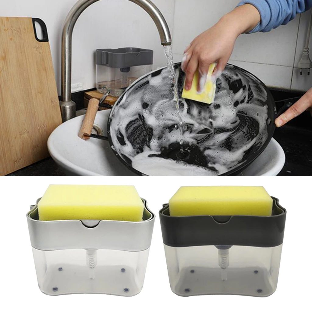 Dishwashing Soap Pump Dispenser And Sponge Holder, Precise Dispensing Handy Soap Box 13 Oz (Sponge Included)