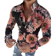 Мужская модная Повседневная рубашка с цветочным принтом, платье с отворотом, с длинными рукавами, с гавайским принтом, приталенная Мужская блузка, уличная одежда