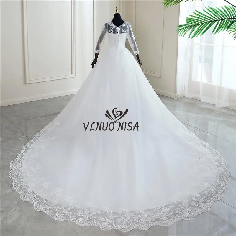 wedding dresses Real Video New Vintage O Neck Plus Size Wedding Dress with Sleeve Simple Long Train Lace Embroidery Bridal Gown Vestido De Noiva traditional wedding dresses