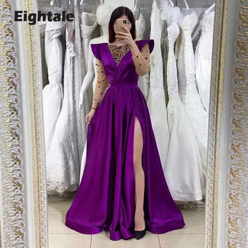 Eightale Arabic Evening Dresses Crystals A-Line Long Sleeves Satin Floor Length Side Split Long Celebrity Party Dress Prom Gown sexy evening gowns