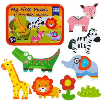 

hot sale Toys 6 in 1 Box Puzzle Jigsaw Wooden Cartoon Animals Traffic Puzzles Tangram Kids Educational Toy for Children