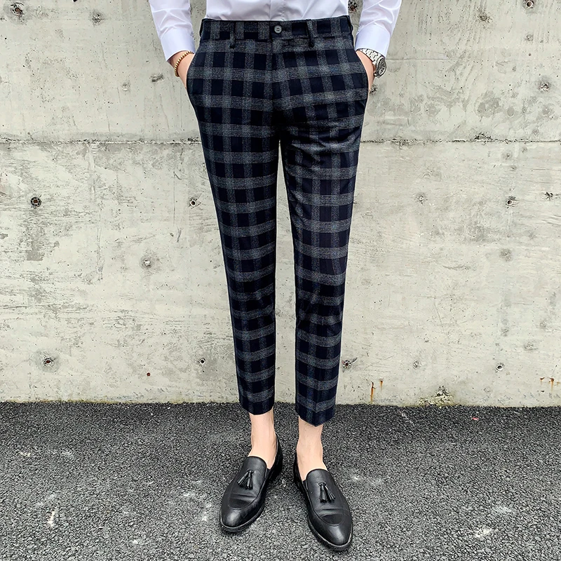 Suit pants summer men's slim plaid pants men's fashion plaid stretch  feet trousers men's business casual nine points pants