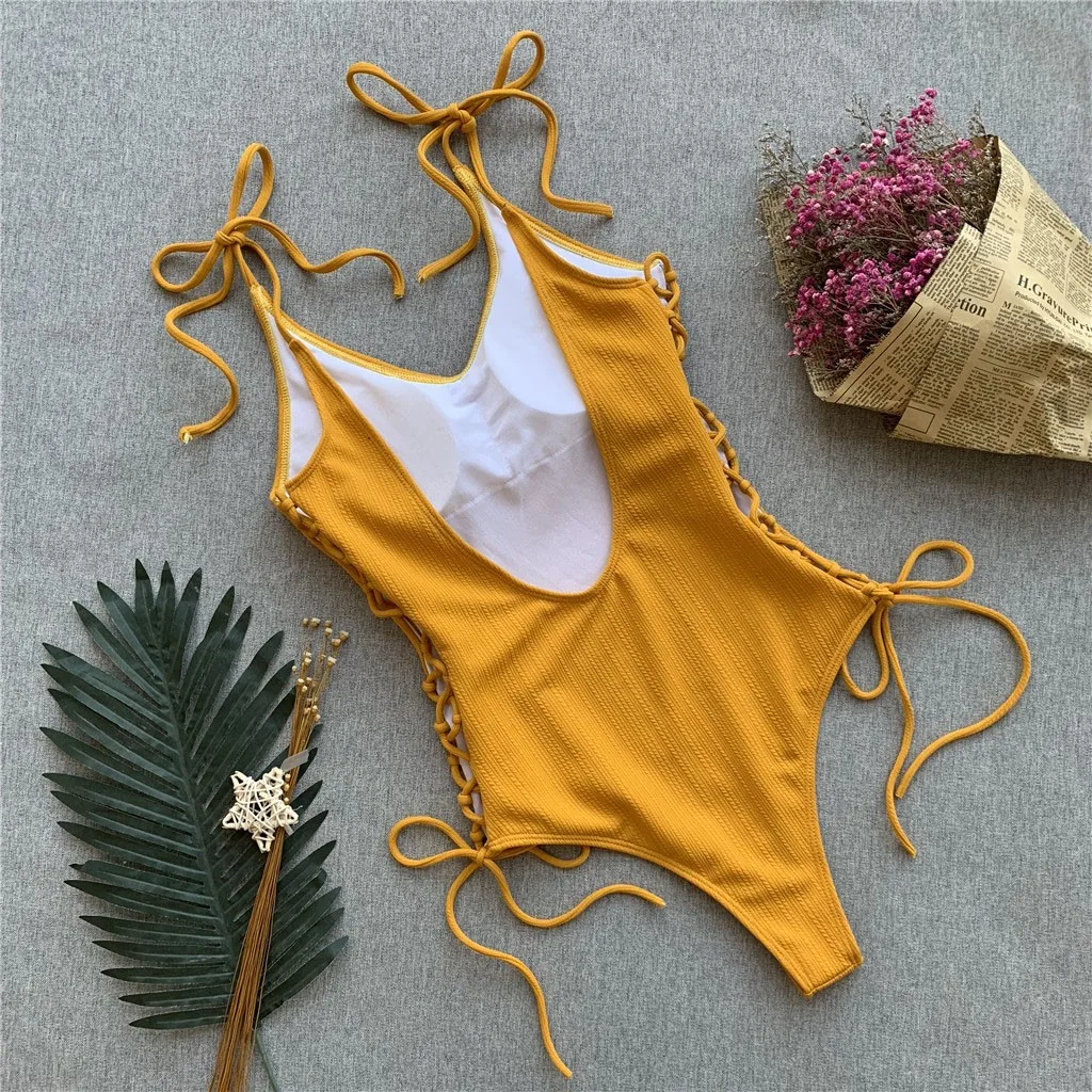 JAYCOSIN solid color strap one-piece bikini swimwear women Slim sexy swimsuit bathing beach fashion youth summer bikini yellow 