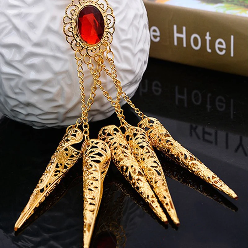 1Pc Vintage Bracelet for Women Girl Red Crystal Pave Bracelets 5Pcs Long Fake Nails Ring for India Thailand Ethnic Dance Jewelry