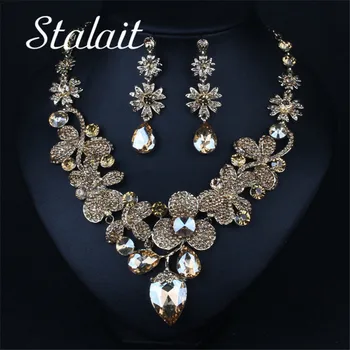 

Charm Wedding Bridal Flower Crystal Rhinestone Necklace Earrings Sets Jewelry Sets New Women Fashion Luxury Dress Accessories