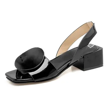

Black Women Sandals 2020 Ladies Open Toe Round Design Slingback Square Heels Sandals Shoes Mid-heel Summer Dress Party Shoes