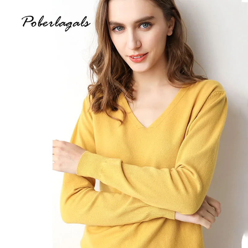 Осенний свитер женские зимние мягкие пуловеры с v-образным вырезом 2019
