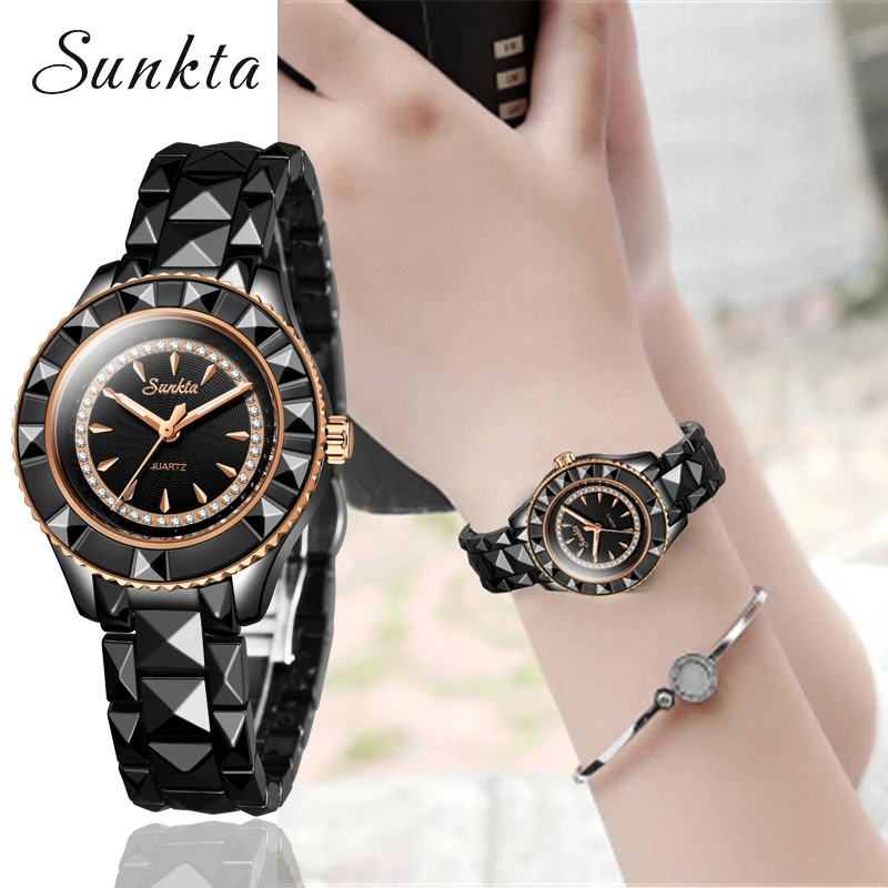 SUNKTA, черные керамические часы для женщин, Дамская мода, простые кварцевые часы для женщин, лучший бренд, роскошные женские часы, Relogio Feminino