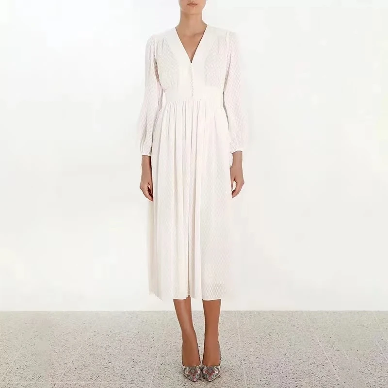 

2019 New Luxury Designer Runway Autumn Dress Women Elegant Polka-Dot Long Puff Sleeve V-Neck White Dress Long Party Dresses