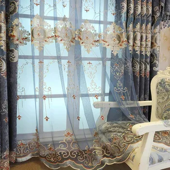 

New Unique Navy Blue Curtain for Bedroom Water Soluble Hollow Luxury Embroidered Tulle Curtain for Living room Villa Hotel M1214