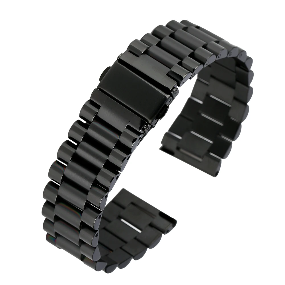 

Concise Black Stainless Steel Watch Band Circle Strap Firm Folding Clasp with Safety Women Men Wristwatch Bracelet 20MM 22 MM