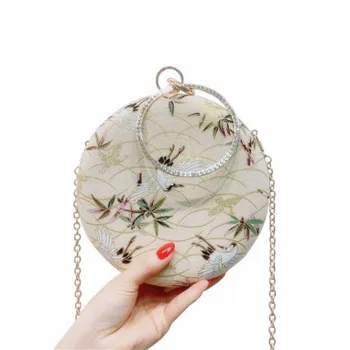 

2020 chinese style embroidery Red-crowned crane flowers evening clutch round shaped clutch with diamond handel MN1436