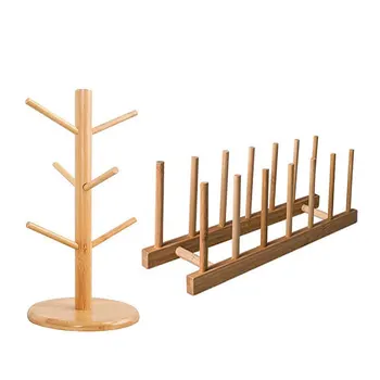 

Mug Holder Tree and Dish Rack Set, Wooden Cup Holder Tabletop Holder, Mug Dish Plate Bowl Cup Book Pot Lid Rack