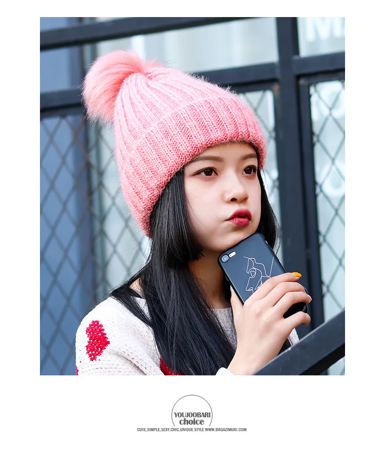 Модная женская зимняя шапка с помпоном Skullies Beanies для девочек, одноцветная вязаная шапка, теплые шапки