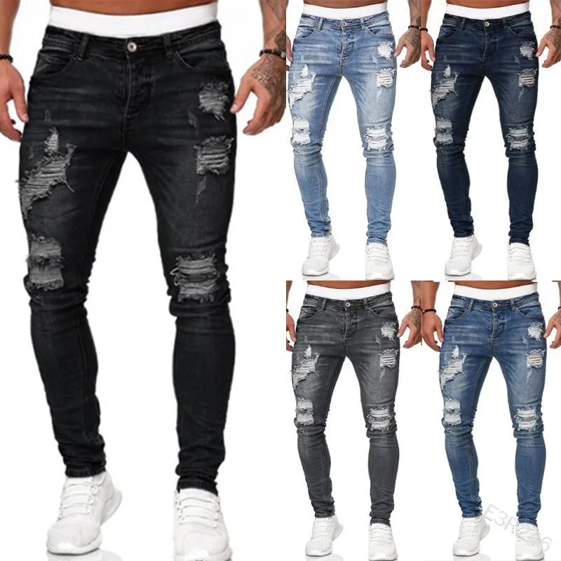 Mens Ripped Skinny Jeans Blue Slim Fit Hole Pencil Pants Casual Biker Trousers Streetwear 2021 High Quality Denim Man Clothing