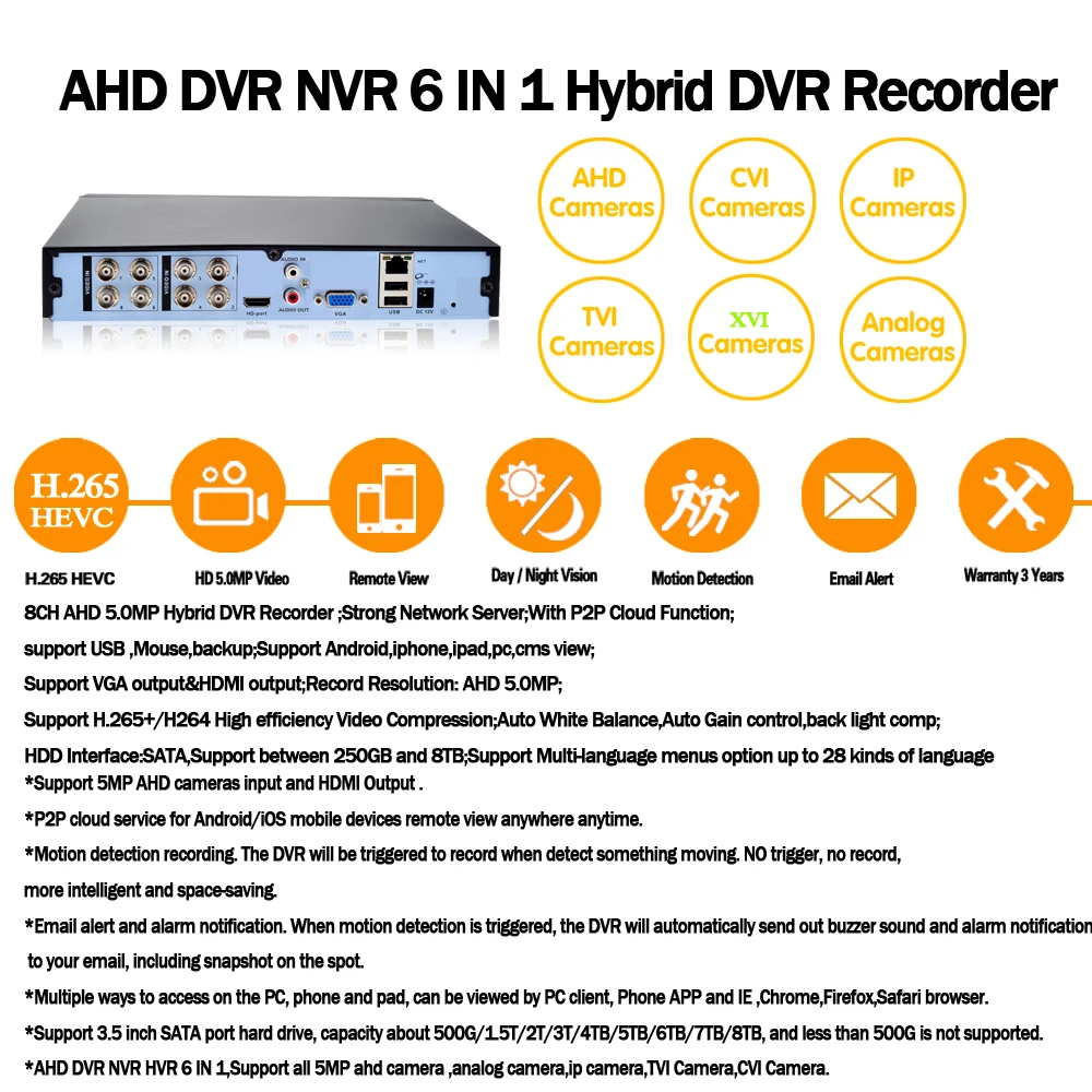 H.265 + захват движения AHD TVI CVI XVI CVBS IP 6 в 1 5MP 5M N 8CH CCTV видеорегистратор DVR NVR для системы