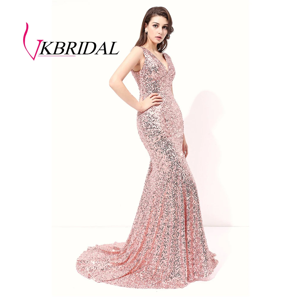 VKBRIDAL длинное вечернее платье сексуальное плиссированное платье с v-образным вырезом для выпускного вечера с блестками