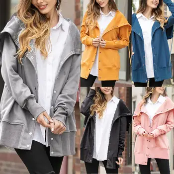 

Autumn Winter Loose Women Solid Color Drape Drawstring Buttons Long Sleeve Coat
