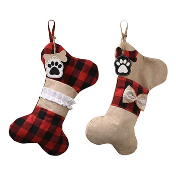 

2 Pcs Pet Dog Christmas Stockings Buffalo Plaid Large Bone Shape Pets Stockings for Dogs Xmas Decorations New Arrival
