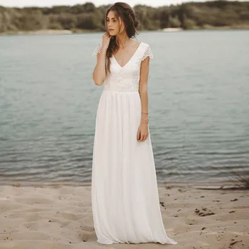 

Lace V-Neck A-Line Wedding Dresses 2020 Chiffon Skirt Formal Bridal Gowns Backless Beach Long Tulle Vestidos De Mariee