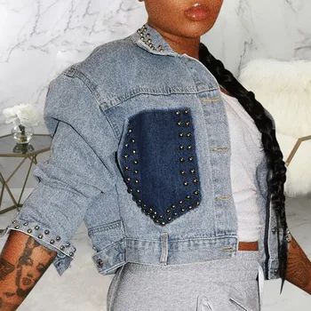 

Spring 2020 Women Leisure Jackets Sexy Fashion Short Ladies Beaded Fake Pocket Denim Single-Breasted Fashion Casual Jackets