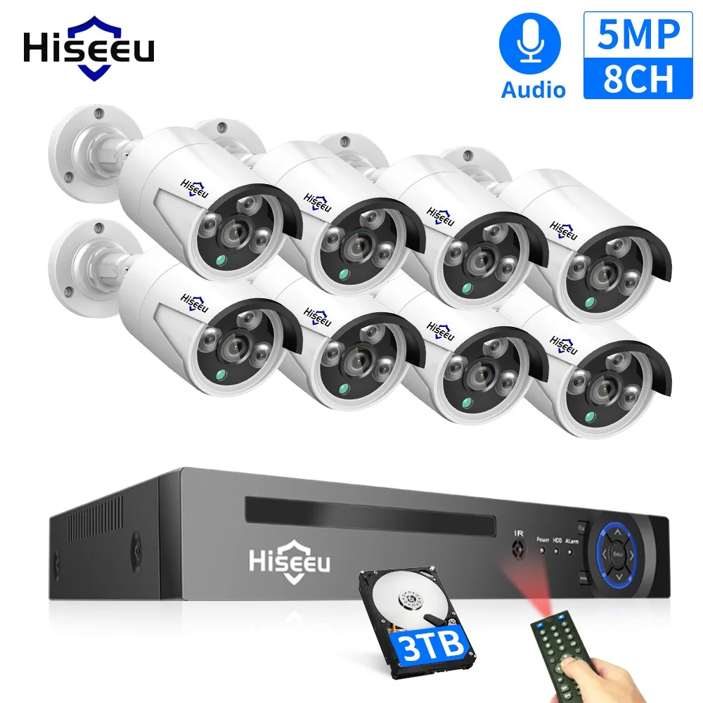 Hiseeu 5MP 4MP 3MP 8CH POE NVR CCTV Sesurity Camera POE System Outdoor Waterproof Kit 48V 1T HDD ONVIF