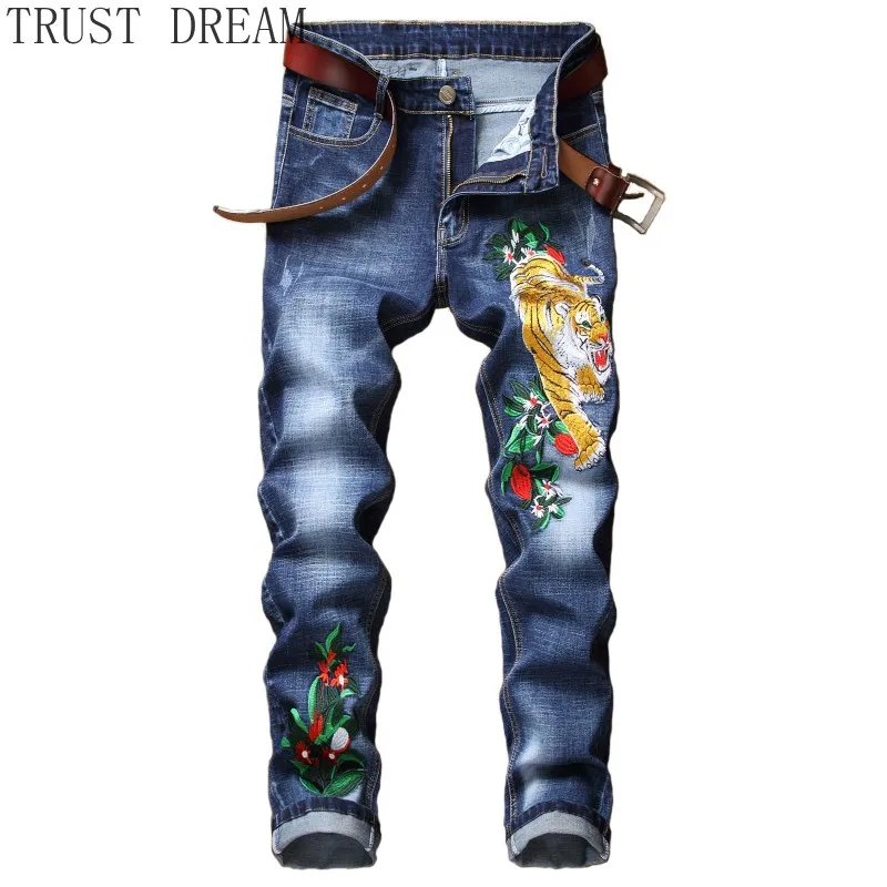 Европейский стиль мужские узкие Стрейчевые джинсы брюки с вышивкой тигровые цветы вареные штаны мужские повседневные уличные крутые джинсы