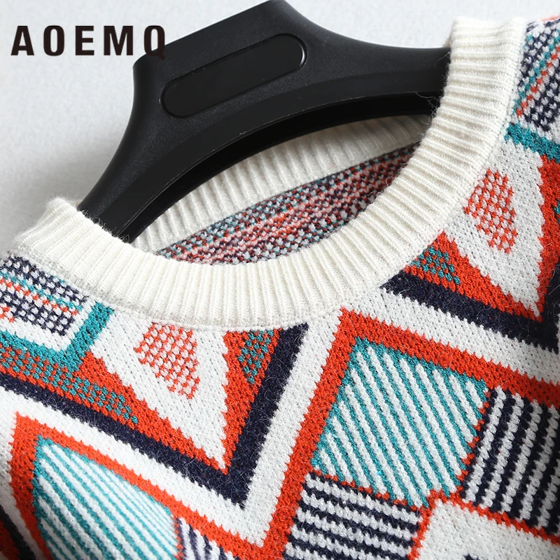 AOEMQ зимний теплый женский свитер с круглым вырезом в стиле фолк панк, лоскутный свитер с неровным узором, женская верхняя одежда на Рождество