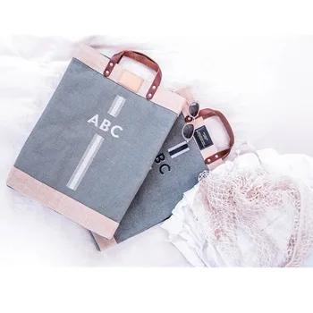 

Customize initial Jute Tote Bag, Gray Beach bags, Stripe Burlap Market bag, leather Handle, bride handbag, wedding gift carryall