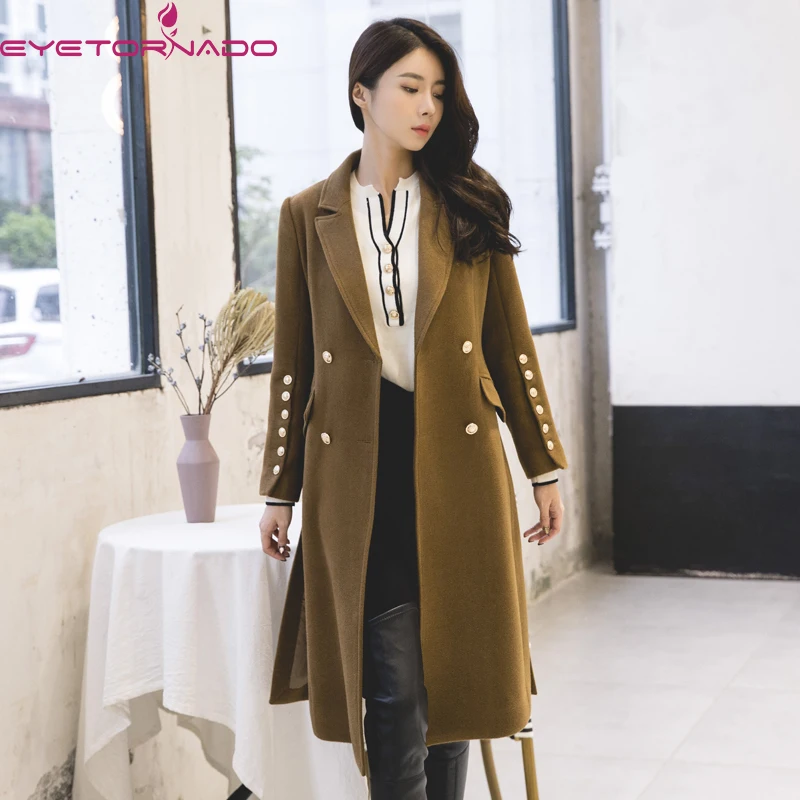 Long Wool Coat Women Double Breasted Military Army Cashmere Coat Winter