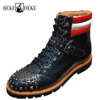 

Genuine Leather Thick Bottom Mens Warm High Top Shoes Fashion Rivet Lace Up Round Toe Mixed Colors Male Casual Cowhide Shoes