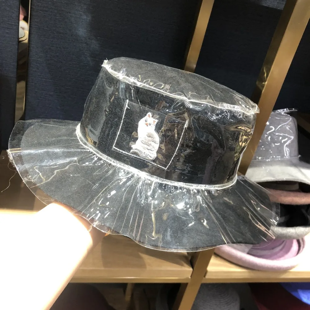 01908-fu158849523 зимняя вышитая кошка ПВХ леди мода Прозрачность Шляпа Fedora женская шляпа для отдыха