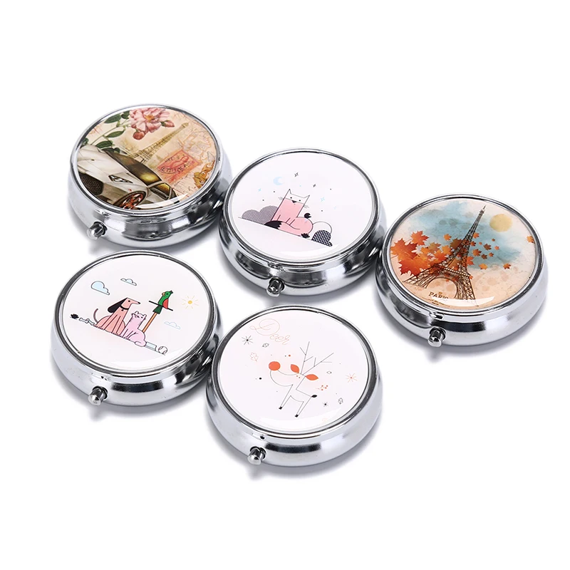 

OPHAX 1pc Random Pattern Round Medicine Organizer Portable Pill Box Makeup Storage Container Folding Pill Case Metal Pill Cutter