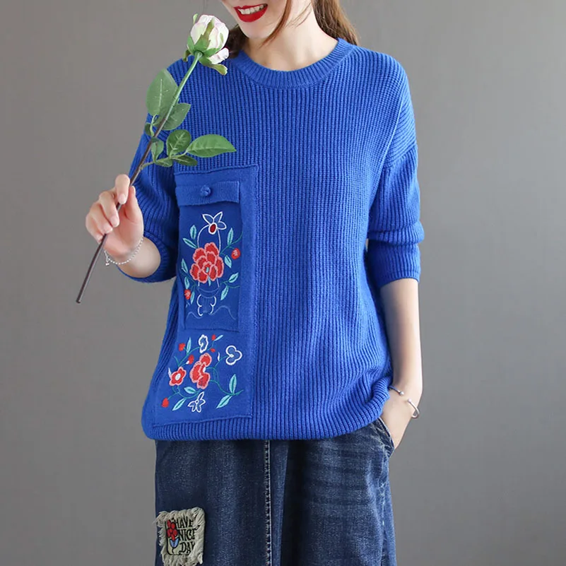 

QPFJQD Original Literary Floral Embroidery Sweater Women 2019 Autumn Winter Long Sleeve Knitted Sweaters Female Jumper Pullovers