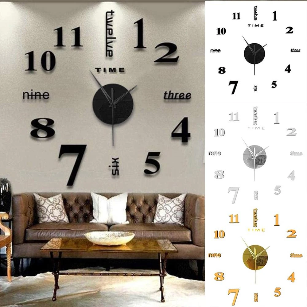 Frameless DIY Wall Mute Clock 3D Mirror Surface Sticker Home Office Decor Stickers Living Room Home Bathroom Wall Decoration