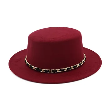 

Winter autumn Women Wool felt Boater hat Flat Top Fedoras hat ladies Top hat with Chain Band wide brim Feltro Bowler Gambler Hat