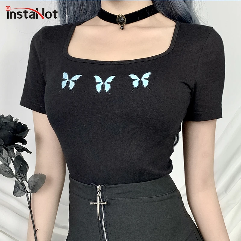 InstaHot футболка в сеточку с бабочкой длинным рукавом и круглым вырезом облегающий