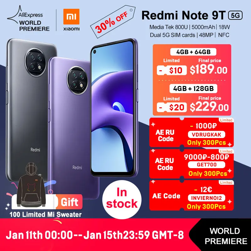 WORLD PREMIERE Xiaomi Redmi Note 9T 5G 4GB 64GB Global Version NFC smartphone Dimensity 800U 5000mAh 48MP Camera in Stock