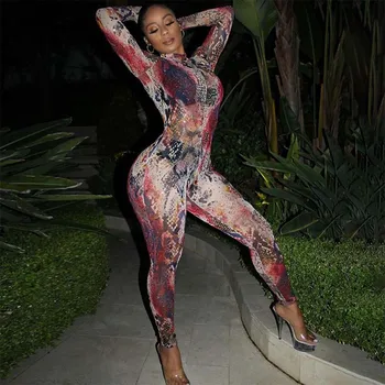 

Meyoung Mesh Sexy Jumpsuit Women Bodysuit Print Club Outfits Overalls Body Mujer Summer Clothes Rompers Womens Jumpsuit Skinny