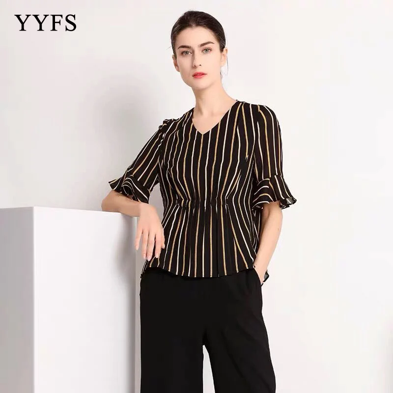 

Lantern Sleeve Casual Stripe V-neck Shirt Plus Size