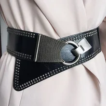 2022Punk Style Rivets Beading Round Buckle Women Belt Female Pu Leather Super Wide 9CM Belts Ceinture Femme Leisure Cummerbunds