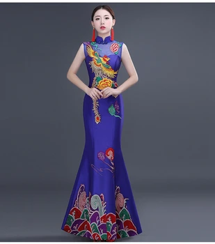 

New Chinese embroidered fishtail cheongsam skirt bride toast clothing long Slim marriage improved Qipao banquet evening dress