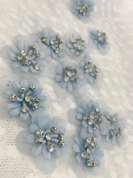 

10 pieces Light blue Rhinestone Garment Patch 3D Flowers Bead lace applique for Clothing Accessories Craft
