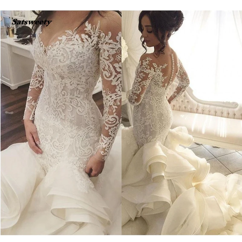 

Saudi Arabic Lace Mermaid Wedding Dresses With Full Sleeves 2020 Bridal Gowns Dubai Royal Train Button Ruffles Robe De Mariee