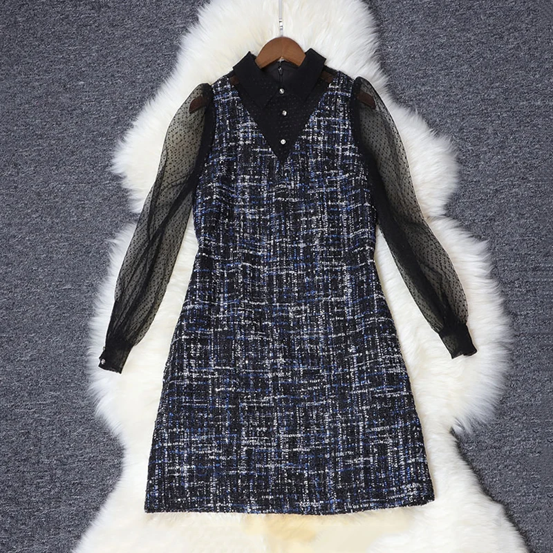 AELESEEN European Office Lady A-Line Dresses High Quality Woollen Luxury Mesh Lantern Sleeve English Style Plaid Mini Dress - Цвет: Черный